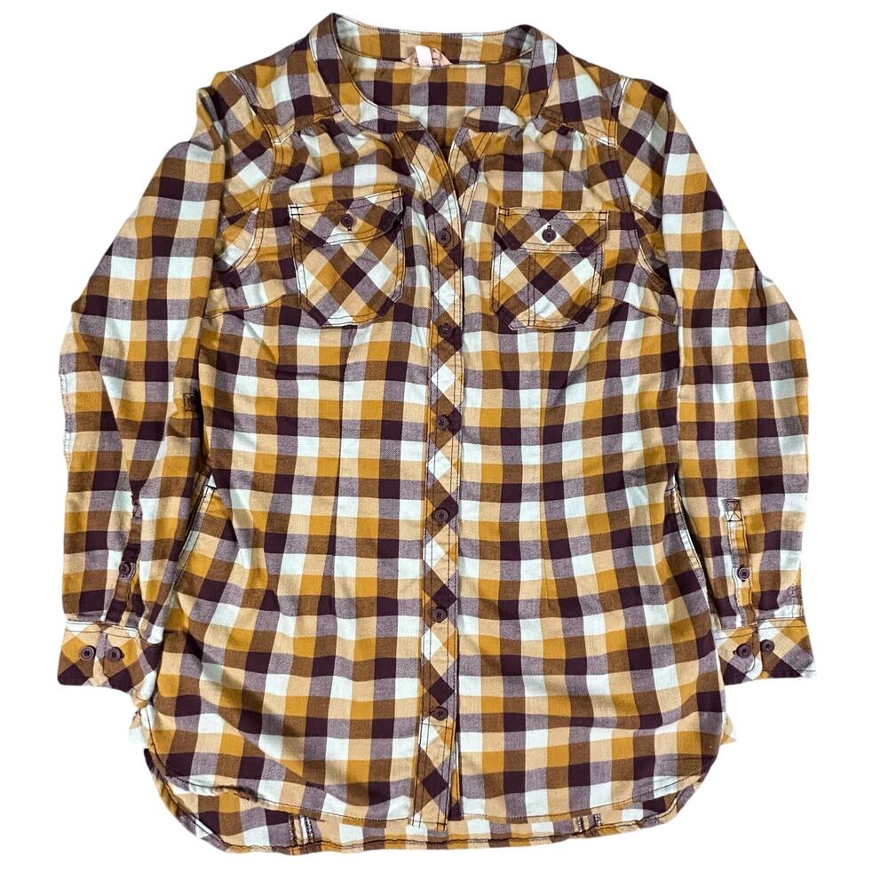 Duluth Trading Co Long Sleeve Plaid Shirt Womens M V Neck Collarless Button Down